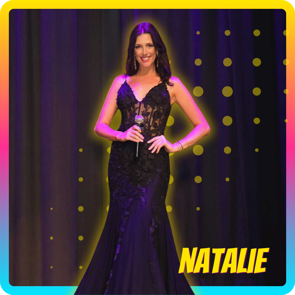 A photo of People Over Phones ontario regional and online media manager, Natalie. She is pictured wearing a long, black dress against a black curtain background.